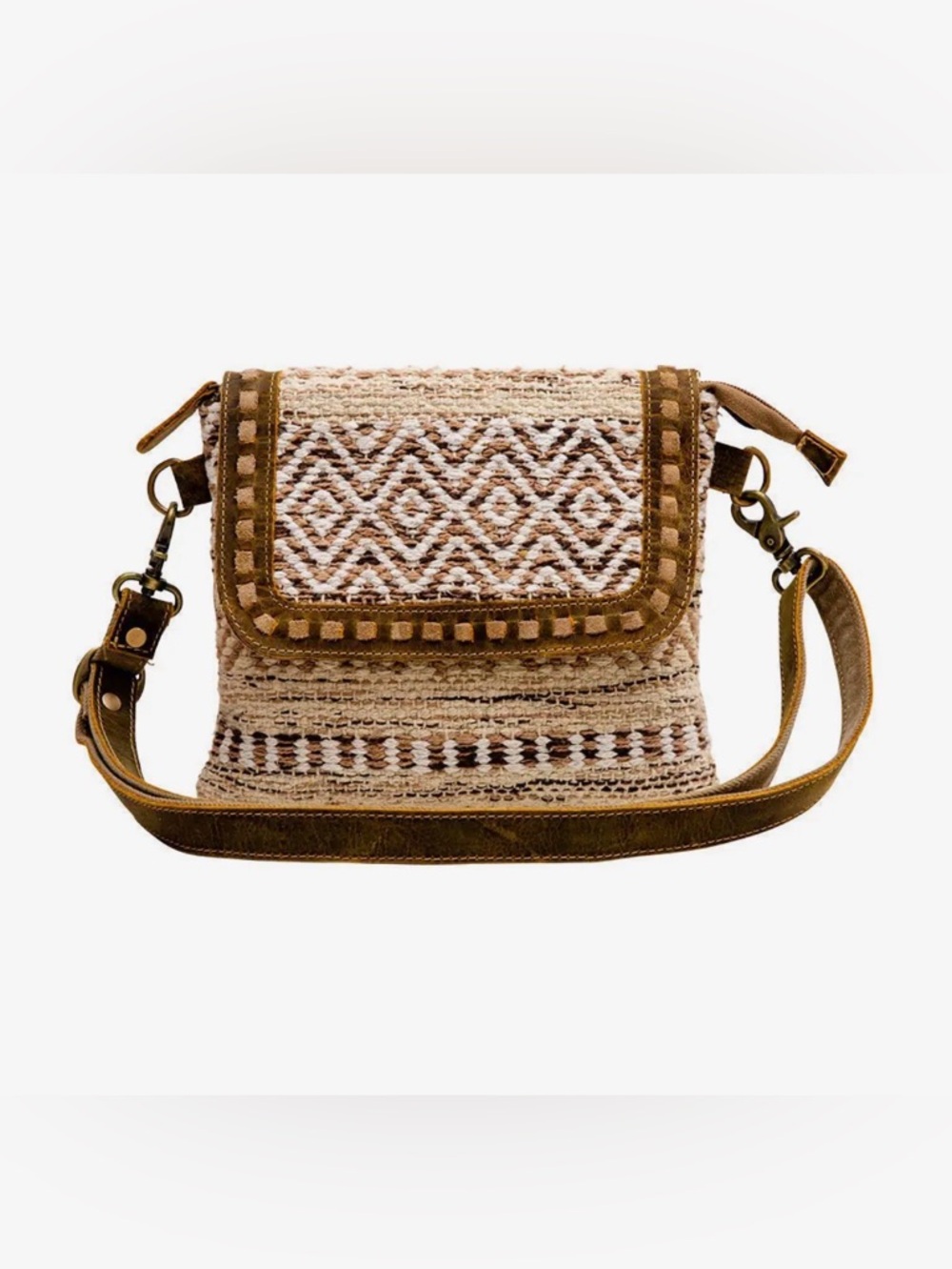 Myra Bag Panchang Beige and Brown Woven Crossbody Purse with Suede Trim